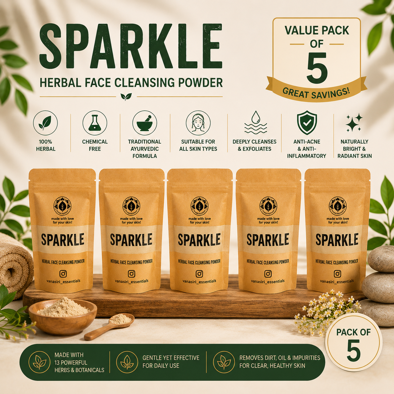 Sparkle Herbal Face Cleansing Powder – Value Pack of 5